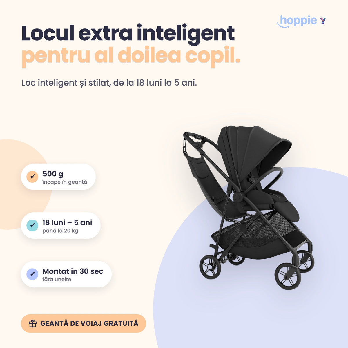 Hoppie – Locul extra inteligent pentru al doilea copil. Loc inteligent și stilat, de la 18 luni la 5 ani.