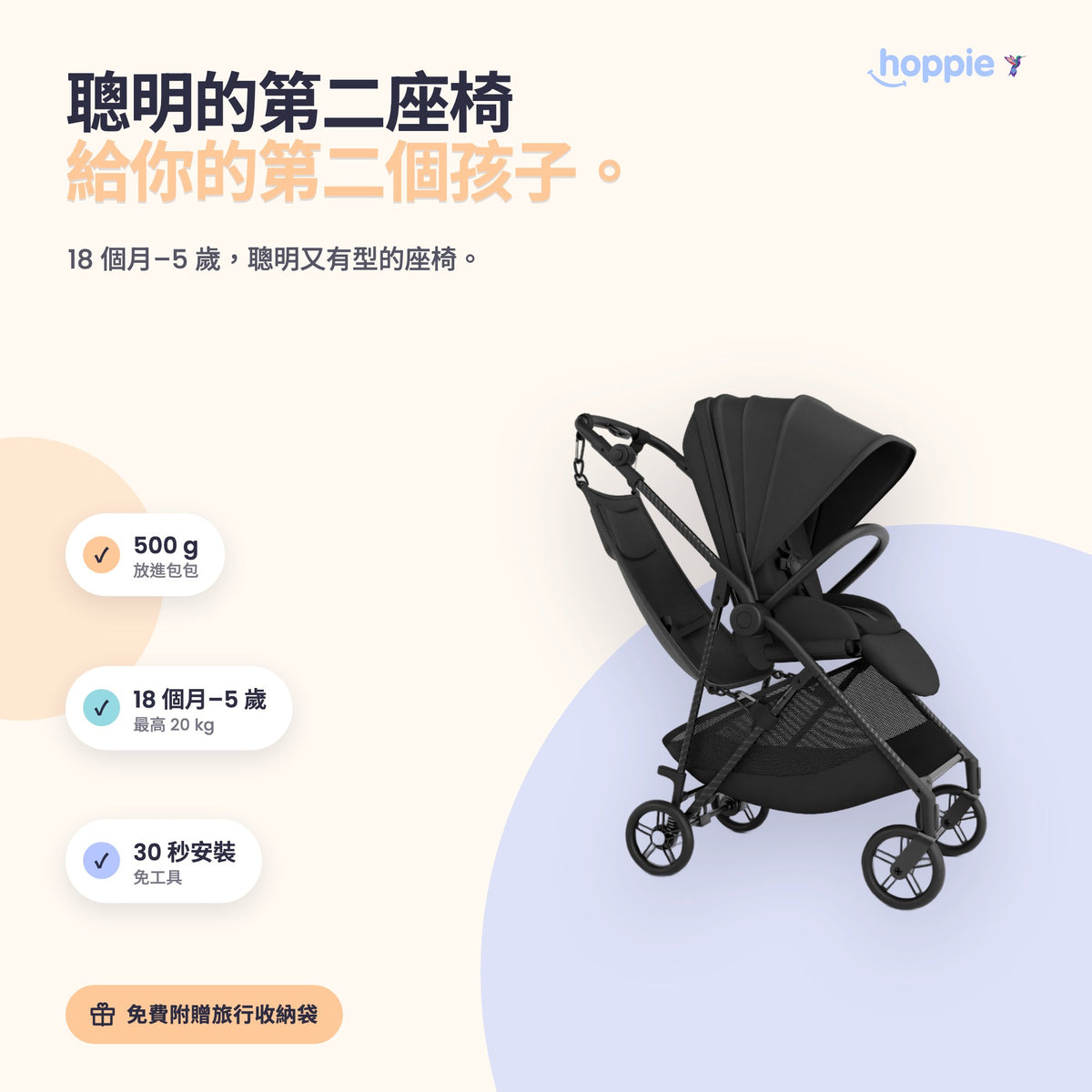 Hoppie – 聰明的第二座椅 給你的第二個孩子。 18 個月–5 歲，聰明又有型的座椅。